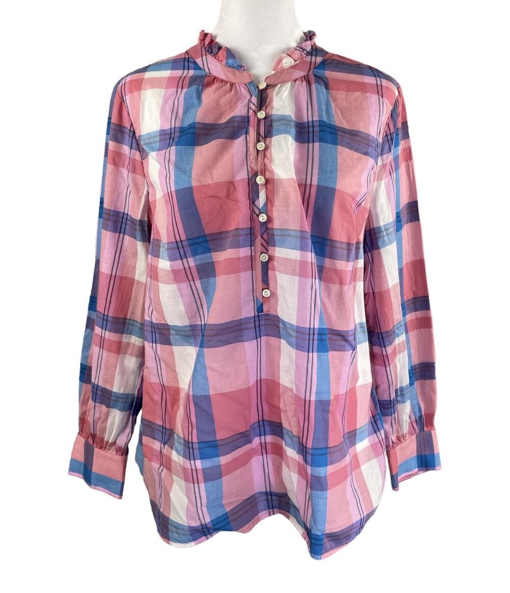 Talbots Petite MP Plaid Popover Blouse Tunic Roll Tab Sleeves Ruffle Collar Top